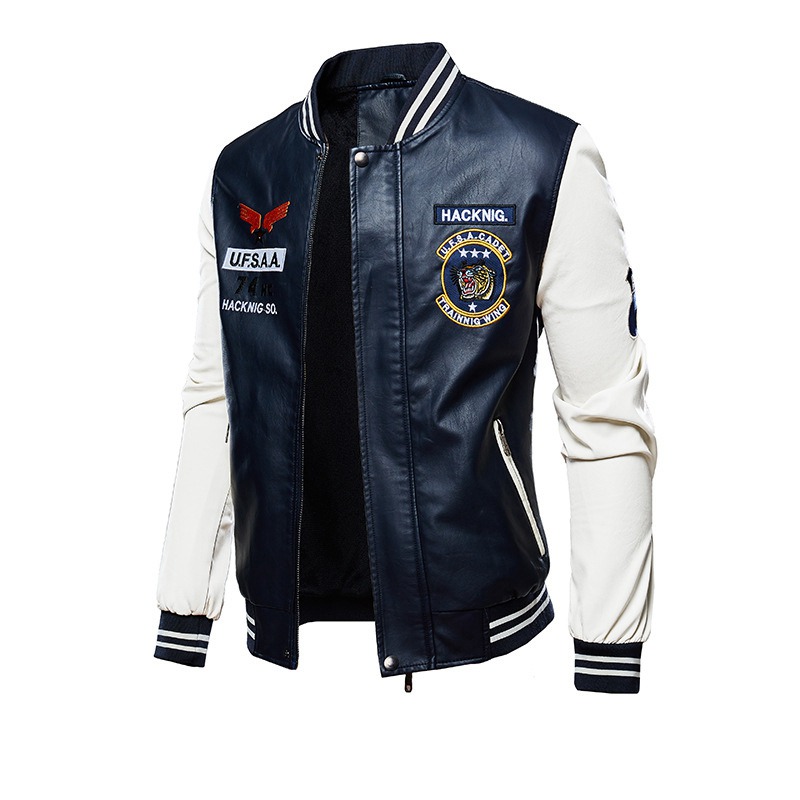2024 New Motorcycle Leather Clothing Men's Leather Jackets Cross-Border Amazon AliExpress Fashion Embroidery Baseball Uniform