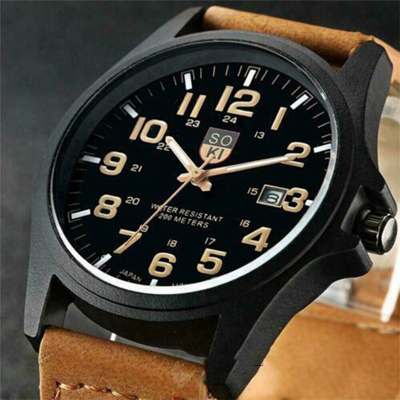 Men Military Leather Date Quartz Analog Army Casual Dress Wrist Watches UK