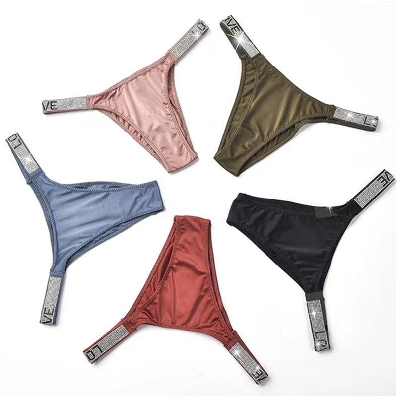 Sexy Letters Rhinestone Underwear Thin Belt Thong Women's Comfortable Milk Silk Thong T-Shaped Panties Women's T-Back