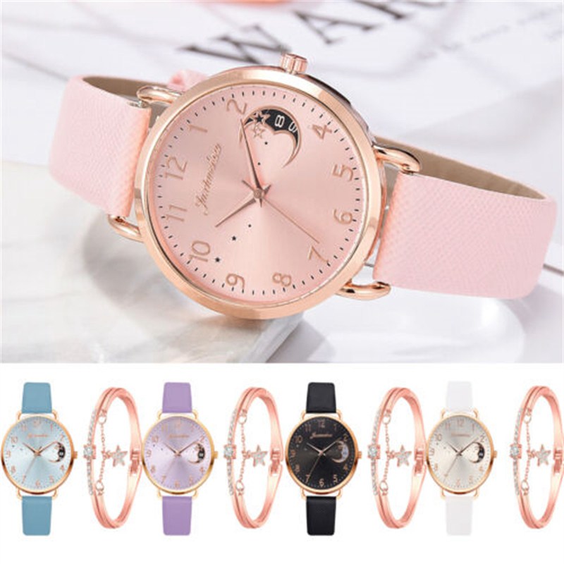 ZZ Ladies Womens Watch+Bracelet Fashion Leather Strap Quartz Wristwatch Xmas Gift