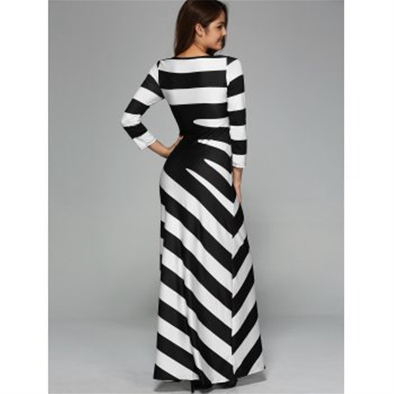 2024 European and American New Women's Clothes Nine-Quarter Sleeve Black and White Digital Printing Irregular Striped T-shirt Dress in Stock