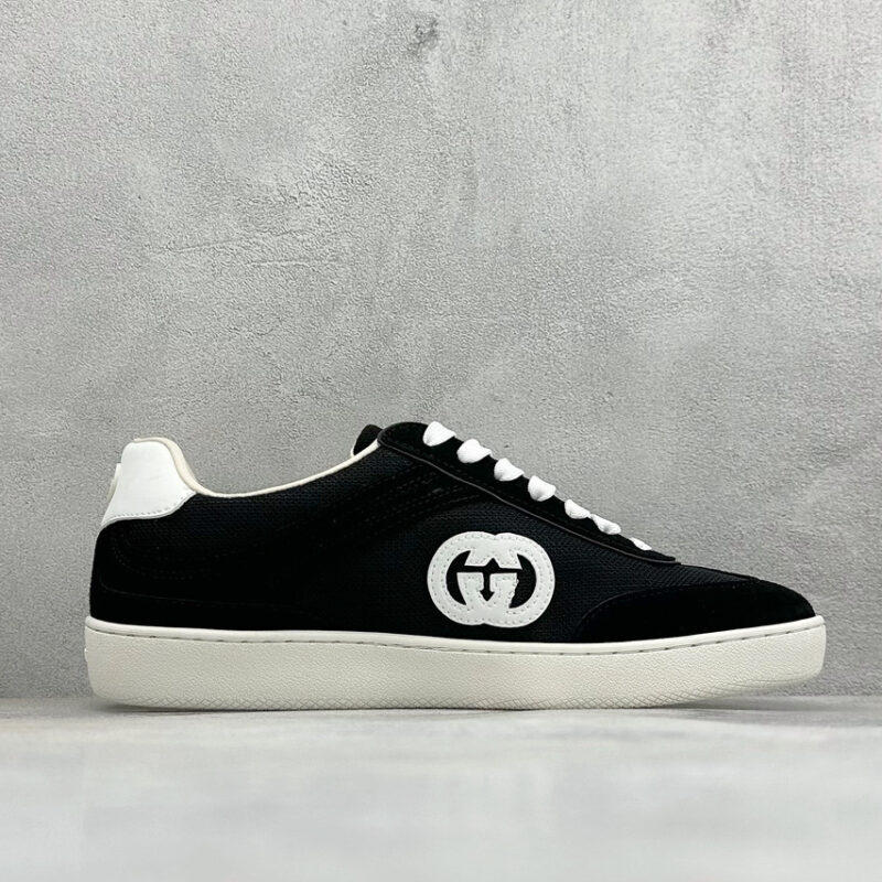 GUCCI Interlocking G Black White Low Top Sneakers,  Classic Luxury Casual Skate Shoes,  Timeless Iconic Daily Streetwear Footwear