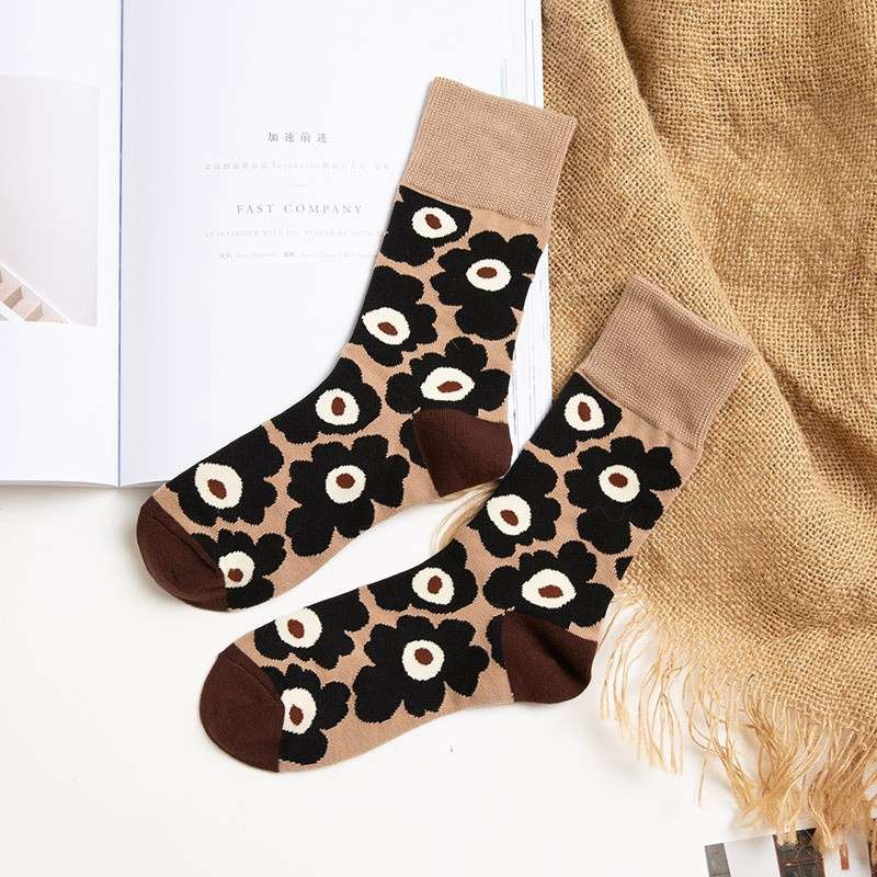 Retro Flower Socks for Women Mid-High Tube Ins Style Japanese and Korean Ulzzang Internet Celebrity Same Harajuku Big Flower Spring and Summer Cotton Socks