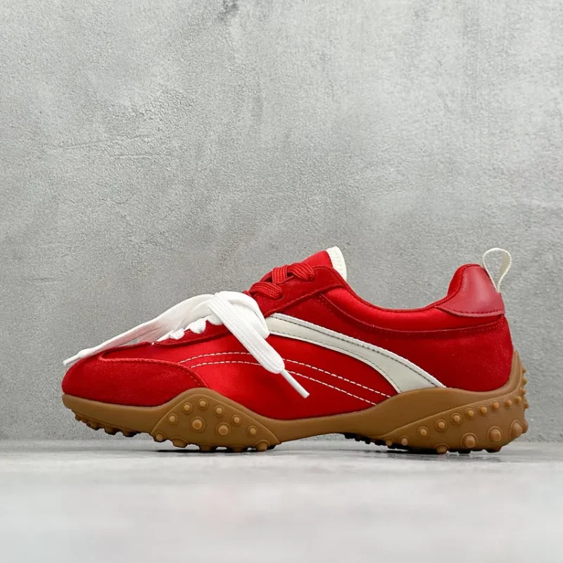 GGCC Women Retro Red Suede Satin Sneakers Two-Tone Laces Gum Sole Casual Walking Running Trainers