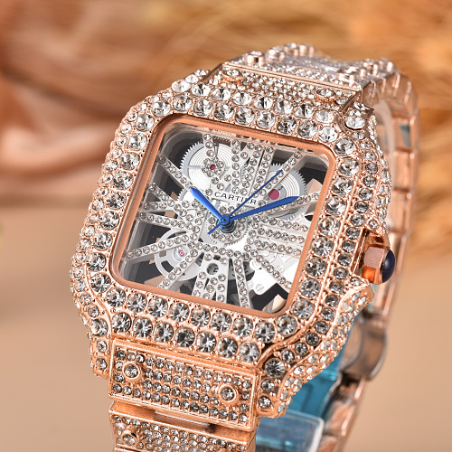 Cartier Unisex Bling Full Diamond Tank Style Skeleton Mechanical Watch Iced Out Stainless Steel Hip Hop Wrist Watch
